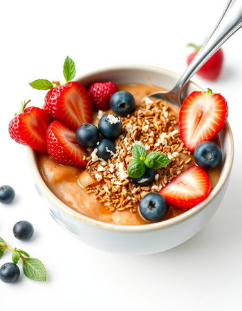 Healthy breakfast bowl with oatmeal, berries and muesli