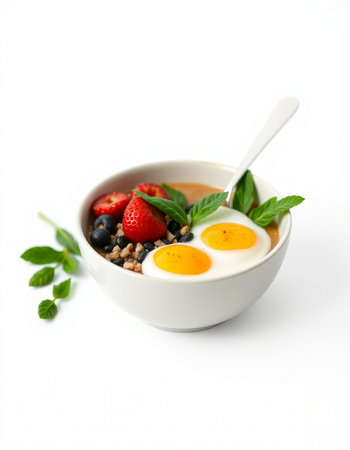 Healthy breakfast with oatmeal, berries and egg on white background
