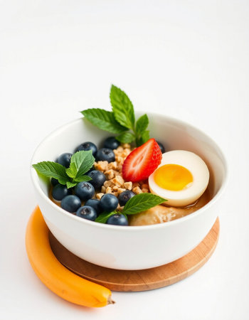Oatmeal porridge with fresh berries and egg in a white bowl