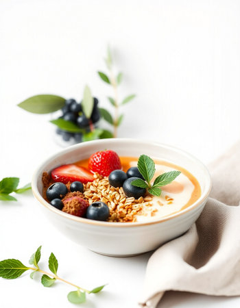 Homemade yogurt with fresh berries and granola on a white background