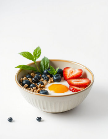 Bowl of muesli with fresh berries and egg on white background