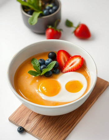 Breakfast bowl with egg yolk and fresh berries on white background