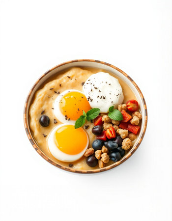 Bowl of oatmeal porridge with eggs, nuts and berries on white backgroundの写真素材