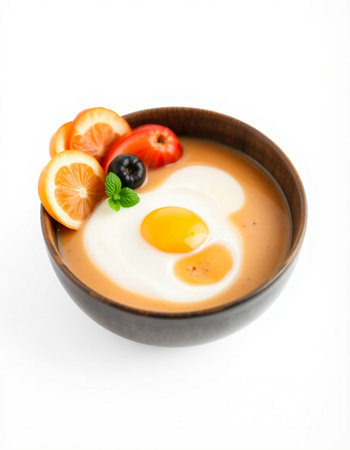 yogurt with fruit and egg in a bowl isolated on white background