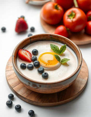 Milk porridge with fresh berries and egg yolk on white backgroundの写真素材