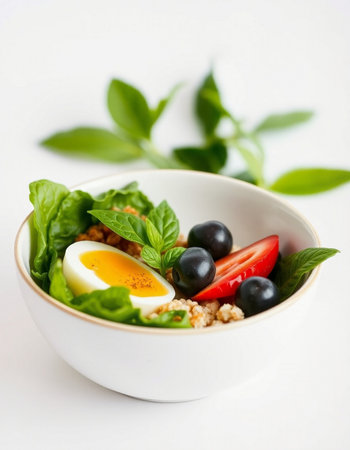Healthy breakfast with quinoa, tomatoes and olives on white background