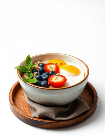 Oatmeal with fresh berries and egg in a bowl on white background