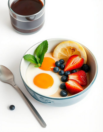 Breakfast with omelet, berries and coffee on white background