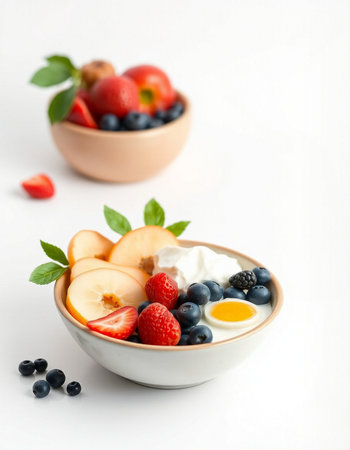 Healthy breakfast bowl with yogurt, strawberries, blueberries and peachesの写真素材