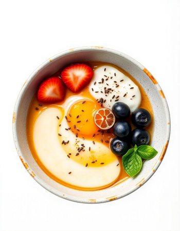 Bowl of vanilla pudding with fresh berries and eggs on white backgroundの写真素材