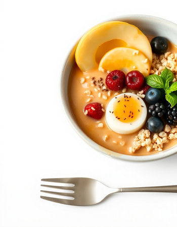 Bowl of oatmeal with fresh berries and egg on white background
