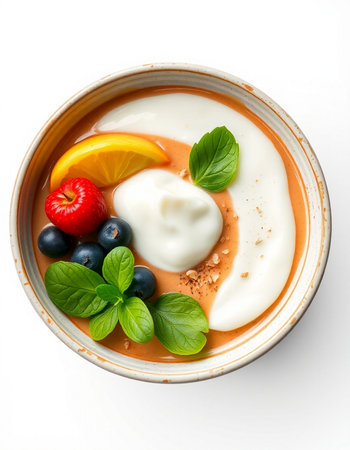Creamy yogurt with fresh berries and mint in a bowl isolated on white backgroundの写真素材