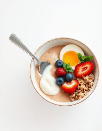 Yogurt with fresh berries and yoghurt on white background