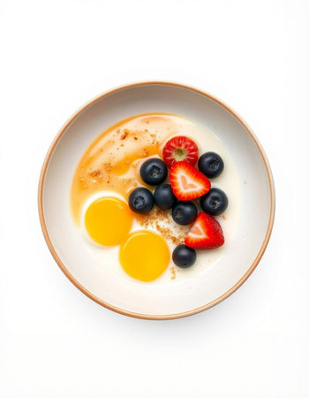 Breakfast with oatmeal, berries and eggs on a white background