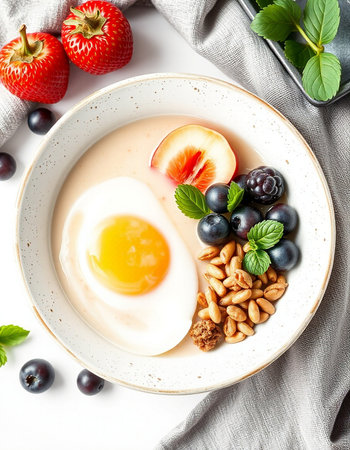 Healthy breakfast with omelette, berries and nuts on white background