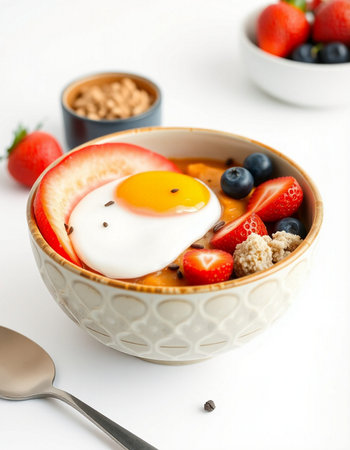 Healthy breakfast with oatmeal, berries and fried egg on white background