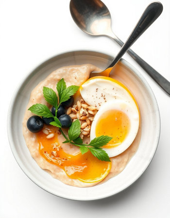 Oatmeal porridge with blueberries and soft-boiled egg