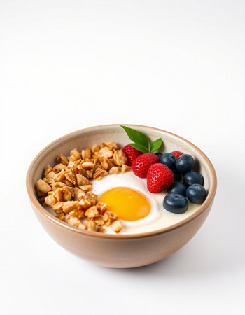 Bowl of granola with fresh berries and fried egg on white background