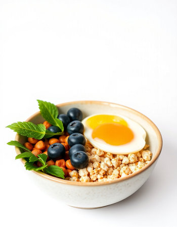 Healthy breakfast with muesli, egg and blueberries on white background