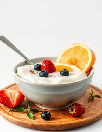 yogurt with fresh berries and orange on a white background.