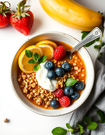Healthy breakfast bowl with oatmeal, berries and yogurt on white background