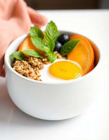 Healthy breakfast with granola, egg and berries on white backgroundの写真素材