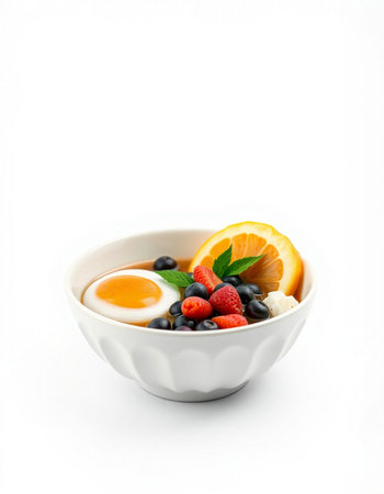 yogurt with fresh berries and egg in bowl on white background