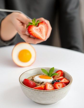 Close-up of a woman's hand holding a bowl of oatmeal with strawberries and an egg
