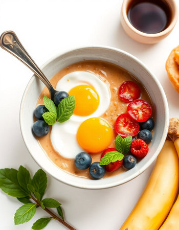 Bowl of oatmeal porridge with fresh berries and fried egg