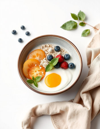 Bowl with tasty oatmeal, berries and eggs on white background