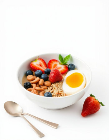 Healthy breakfast with oatmeal, berries and egg on white backgroundの写真素材