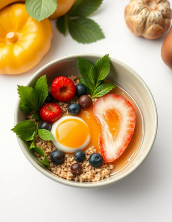 Healthy breakfast bowl with quinoa, egg and berries on white background