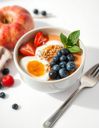 Healthy breakfast with yogurt, granola and berries on white backgroundの写真素材