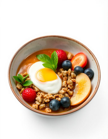 Bowl of oatmeal with fresh berries and egg, isolated on white