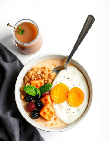 Breakfast with oatmeal, berries and egg on a white background