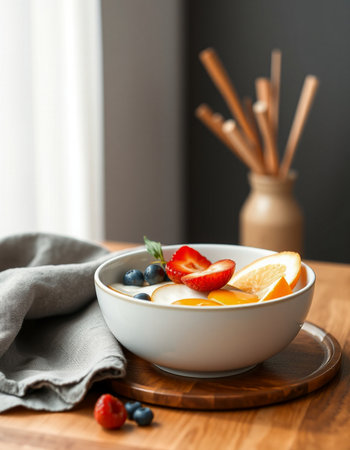 bowl of fruit salad with strawberries, blueberries and oranges on wooden table