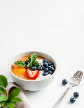Healthy breakfast bowl with yoghurt and berries on white backgroundの写真素材