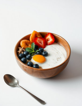 Healthy breakfast with oatmeal, berries and fruits in wooden bowl