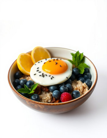 Breakfast with oatmeal, berries and fried egg on white backgroundの写真素材