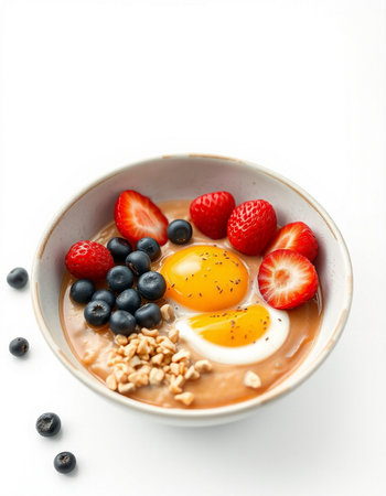 Bowl of oatmeal with fresh berries and egg on white background