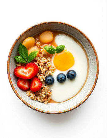 Breakfast bowl with oatmeal, berries and milk, isolated on white