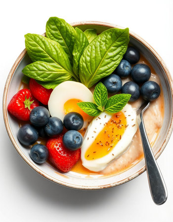 Healthy breakfast bowl with strawberries, blueberries and egg on white background