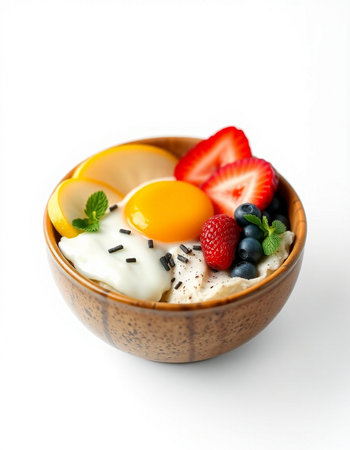Healthy breakfast with omelet, berries and fruits on white background