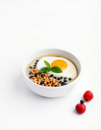 Bowl of porridge with black beans and fried egg on white backgroundの写真素材