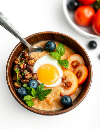 Oatmeal porridge with blueberries, tomatoes and egg in a bowlの写真素材