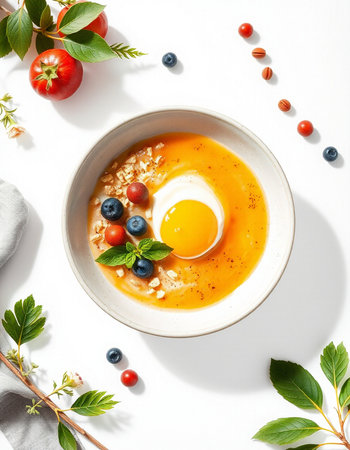 Healthy breakfast - oatmeal with yoghurt and berries on a white backgroundの写真素材