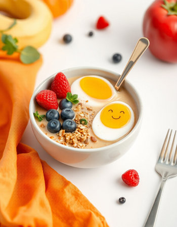 Healthy breakfast bowl with oatmeal, berries and egg in the form of a smiley face