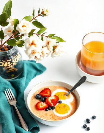 Healthy breakfast bowl with oatmeal porridge, fresh berries and orange juice.の写真素材