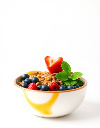 bowl of muesli with strawberry and blueberry on white background