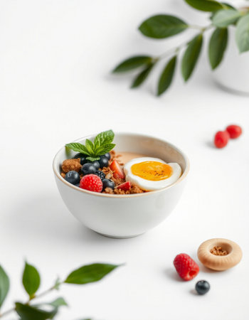 Healthy breakfast. Oatmeal porridge with fresh berries and egg on white background.